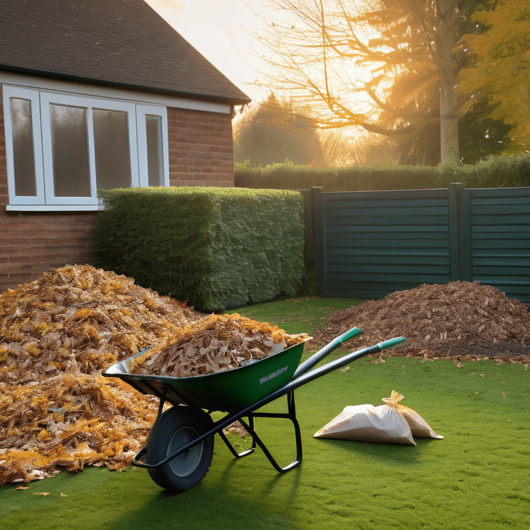 Sunrise over a tidy backyard with garden waste bags and a wheelbarrow filled with leaves.