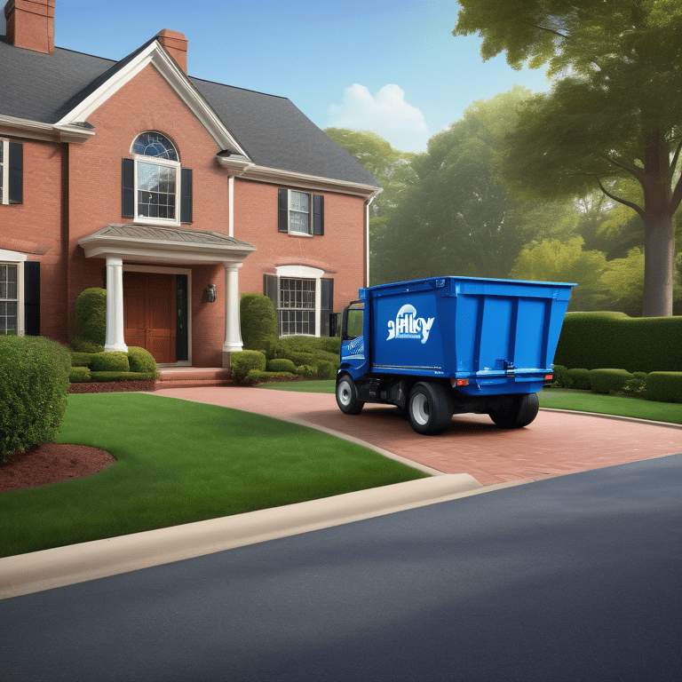 Illustration of an oversized blue skip on a driveway, with a house and hedge in the background.