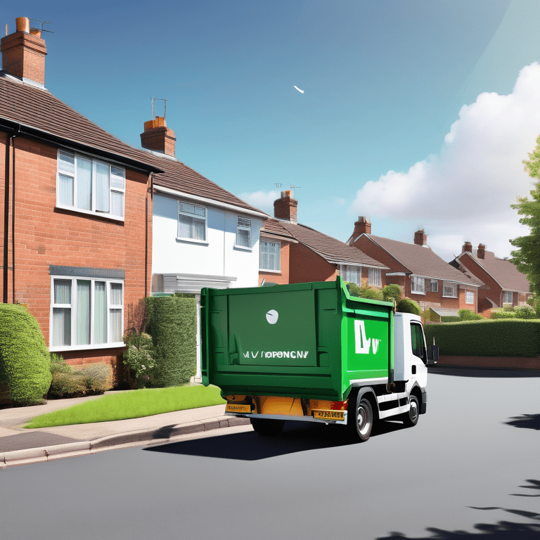 Homeowners in Sutton Coldfield filling a green "LV81 Removals" skip on a tranquil suburban street.