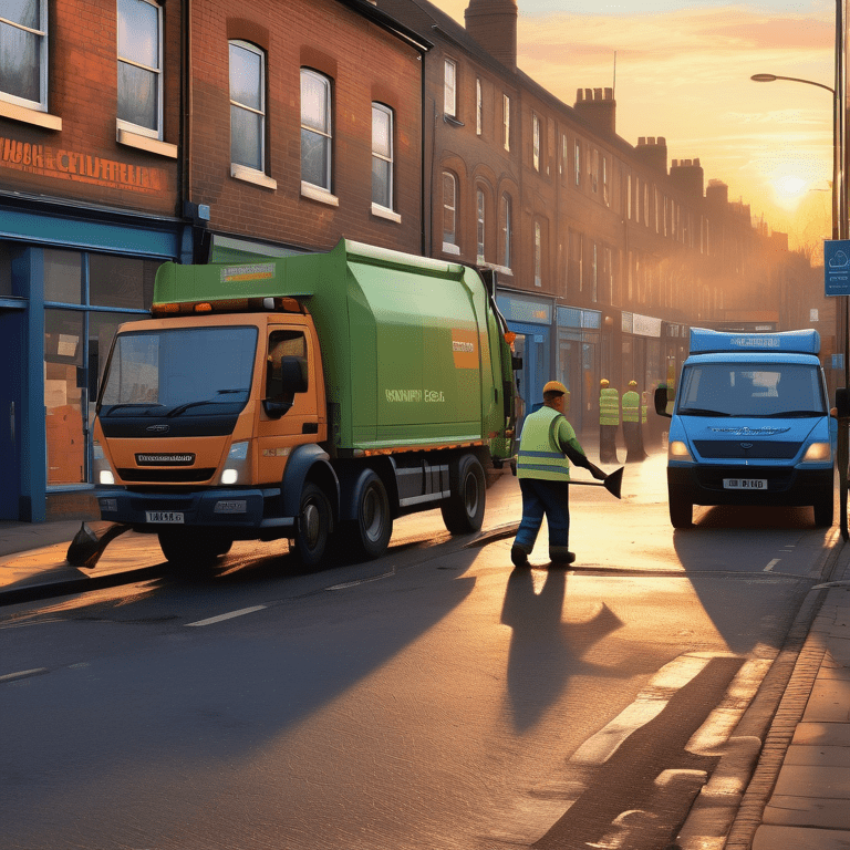 Sanitation workers in Coventry remove bulky waste in the soft light of dawn, promoting community and cleanliness.