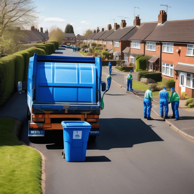 Workers in green uniforms sorting waste into a blue truck in a sunny Yardley Birmingham neighborhood.