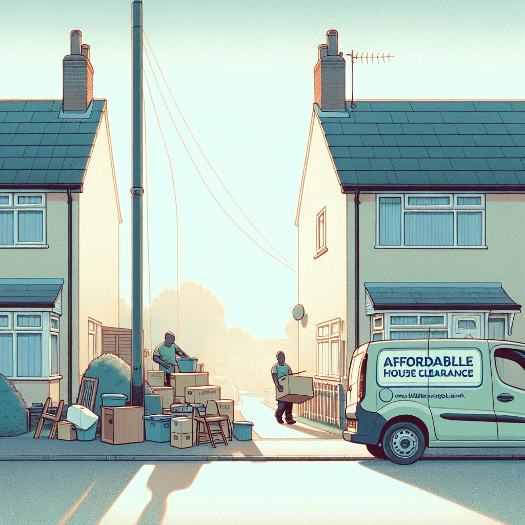House clearance workers removing items from a home on a sunlit suburban Walsall street.