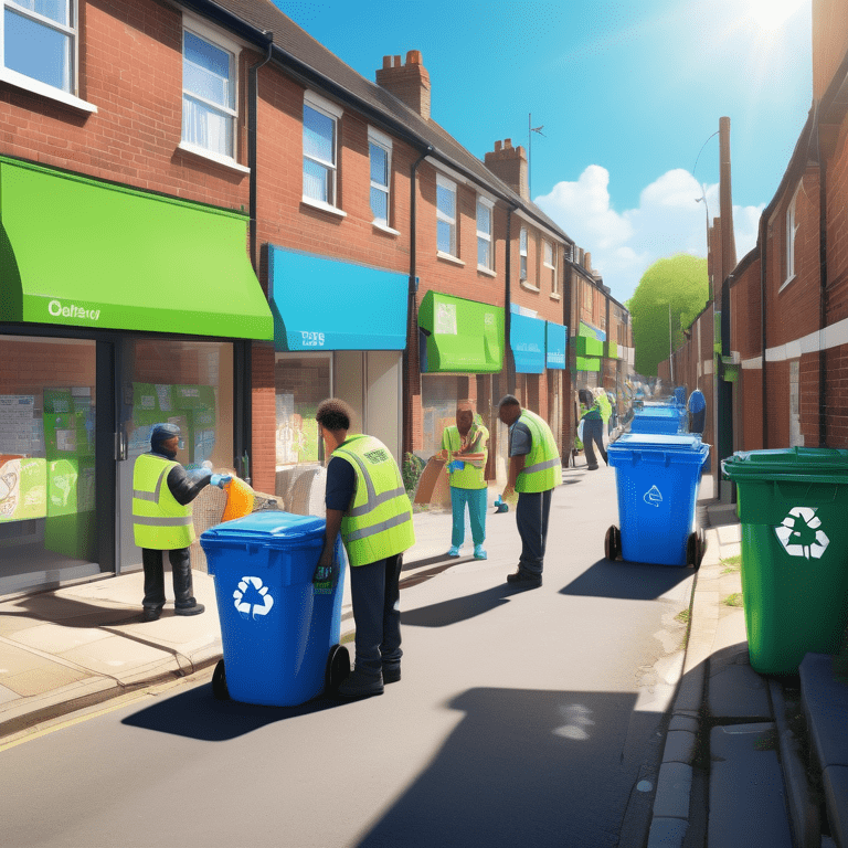 Residents and workers engage in rubbish separation and removal on a bright, tidy street.