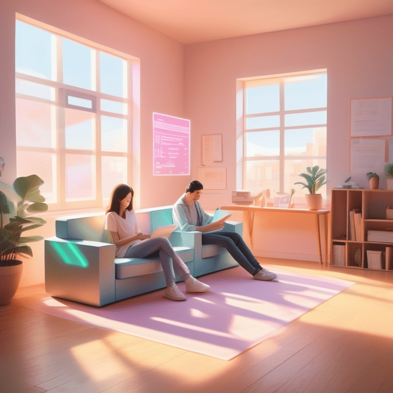Illustration of two people moving furniture with a digital checklist hologram in a sunlit room.