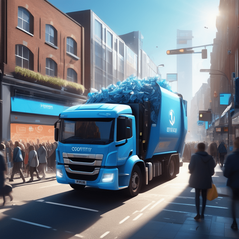Futuristic rubbish collection truck central to a vibrant, clean Coventry street in morning light.