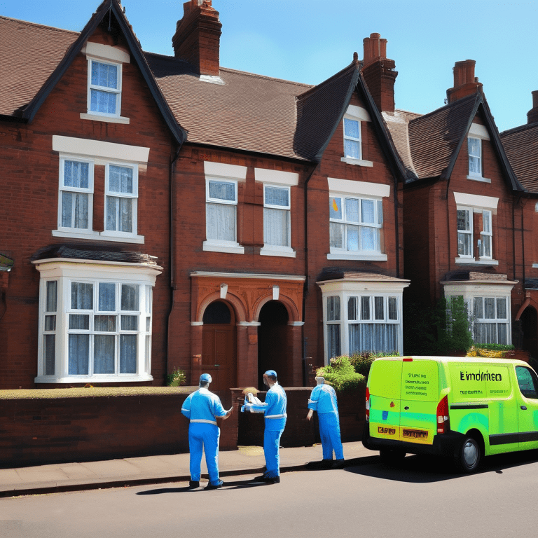 Workers in uniforms removing household items in front of a charming Bournville home.
