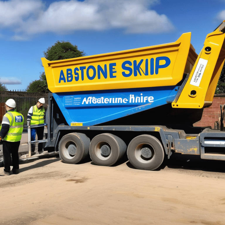 Construction workers in safety gear loading a yellow skip with "Affordable Skip Hire - Aston" text.