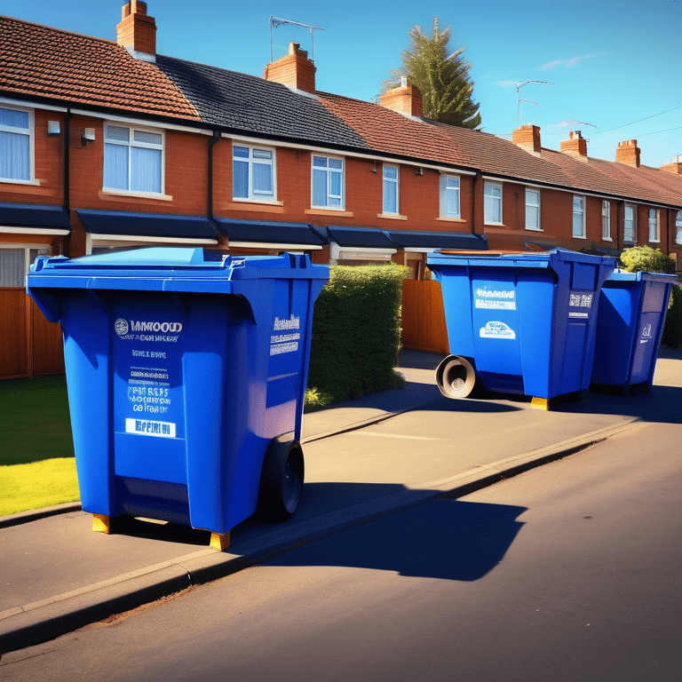 Blue skip bin with a "Affordable Skip Hire Bearwood" label on a sunny residential street, with a happy homeowner.