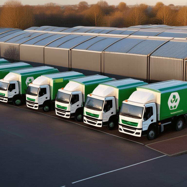 White and green trade waste trucks with recycling logos in Walsall's industrial sunrise.