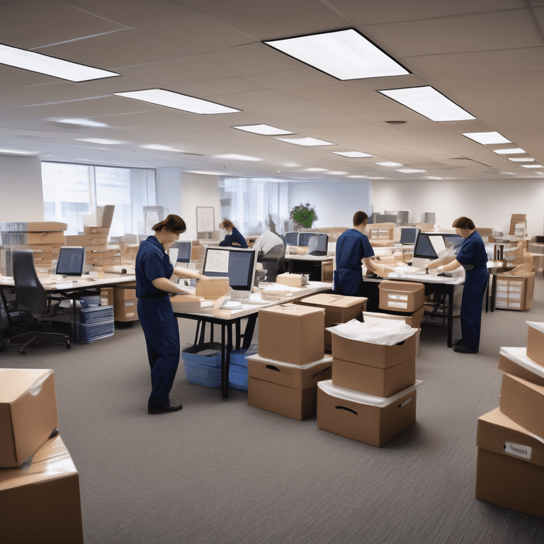 Professional team clearing an office space, with stacked furniture and labeled boxes.