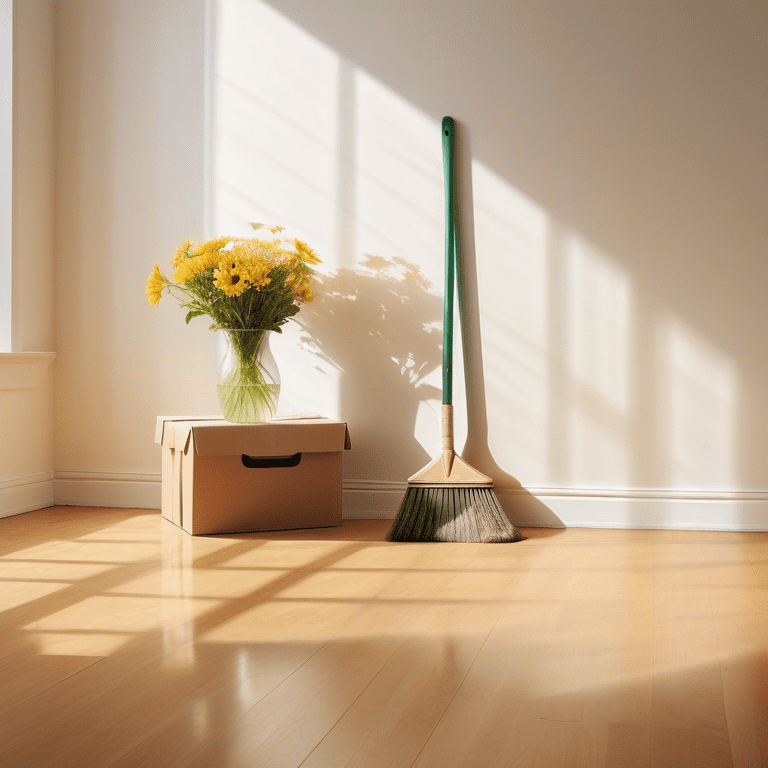 Room with sunlight, clean floor, labeled donation boxes, broom, and a vase of flowers.