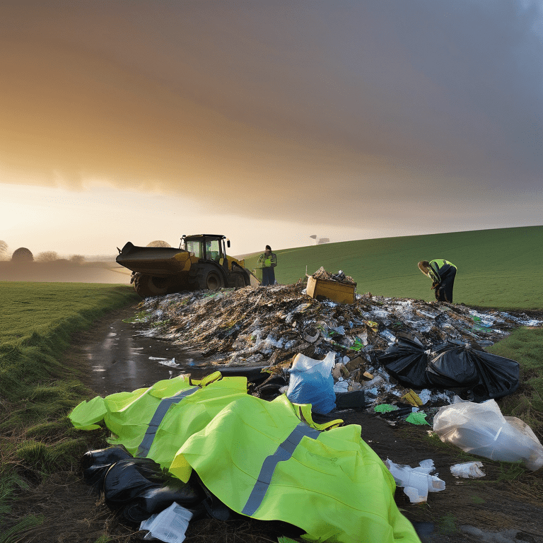Workers in vests clearing waste in the glowing dawn light on a green hillside.
