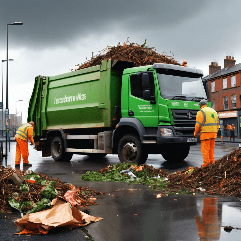 Workers in orange vests clearing dumped rubbish with a green waste removal truck in an urban area.