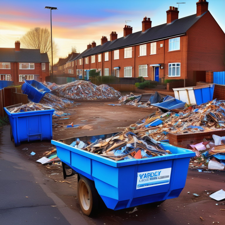 Sunlit Yardley townscape with an overflowing skip in the foreground, illustrating accessible skip hire services.