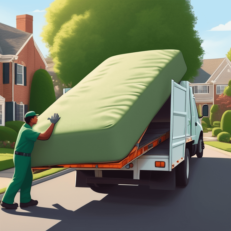Workers removing an old mattress for recycling outside a suburban home in early morning light.