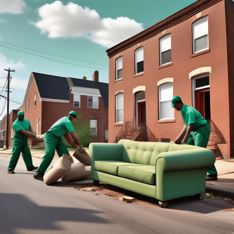 Workers in green uniforms disposing of an old sofa on a Birmingham street.