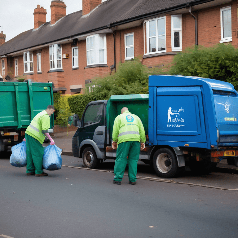 Team of waste collectors loading bulky items into a collection lorry on a sunny Solihull street.