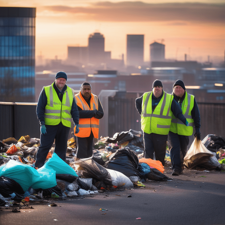 Workers in high-visibility vests clearing litter in Birmingham at dawn, depicting cleanliness and hope.