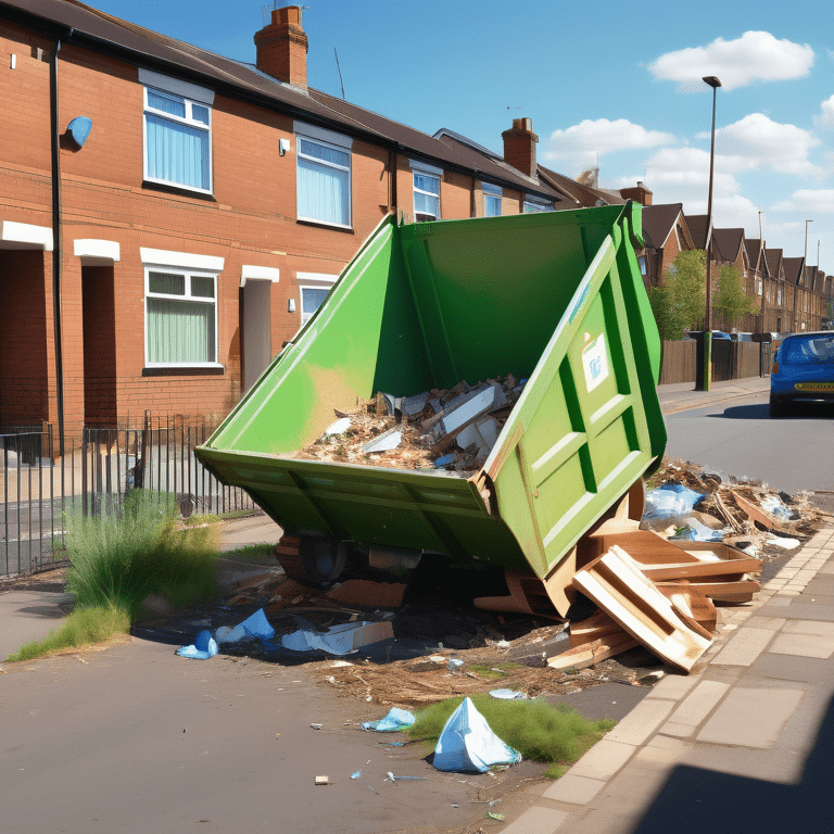 Homeowner beside a filled green skip on a sunny suburban street, signaling satisfaction with a thumbs-up.
