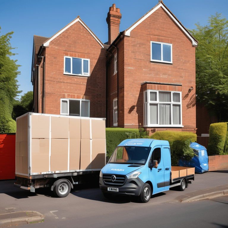 Removal workers transporting furniture into a van on a bright sunny day outside a red-brick house.