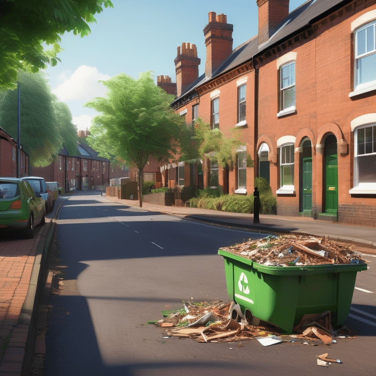 A green skip filled with waste on a tidy street in Birmingham, under the soft light of dawn.