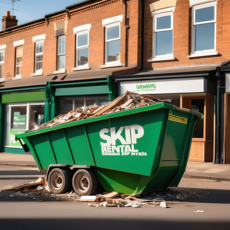 Green rental skip with company branding on an active Solihull street during golden hour.