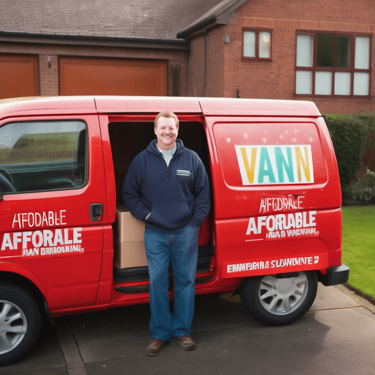 Smiling man beside red van marked with service details, with boxes and furniture inside, indicating moving services.