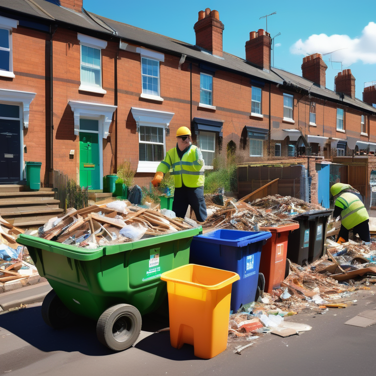 A street in Harborne with a worker and a green skip filled with debris.