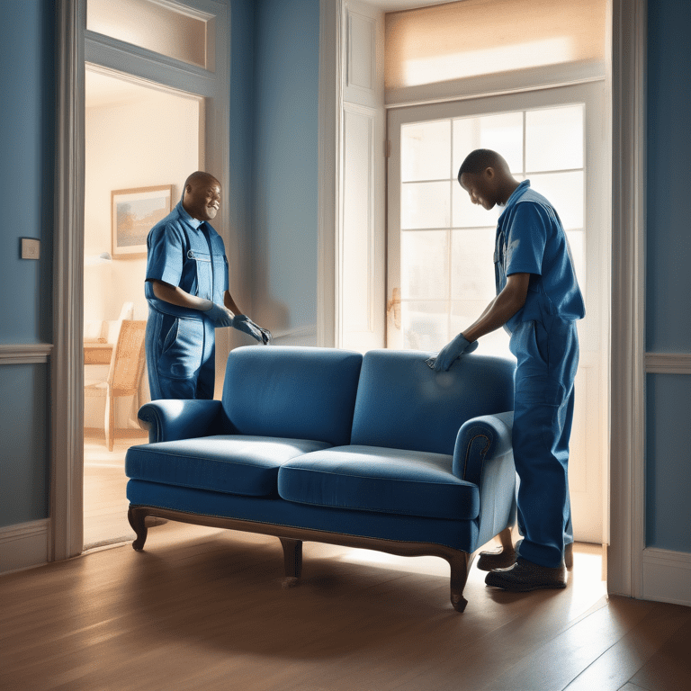 Workers removing an old blue sofa from a sunlit living room.