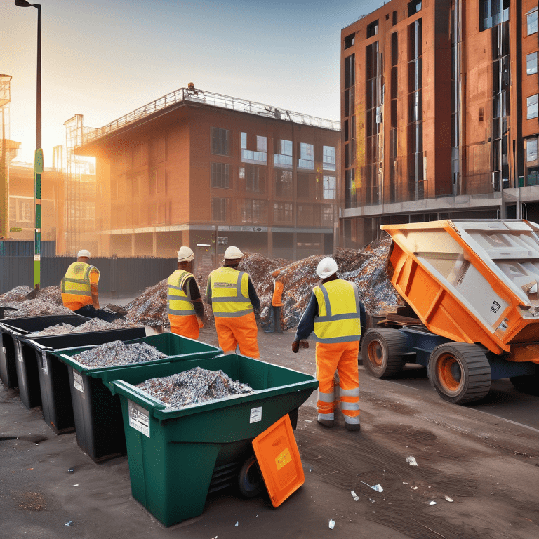 Sunrise over a Coventry construction site with workers loading brightly colored skips, highlighting waste management efficiency.