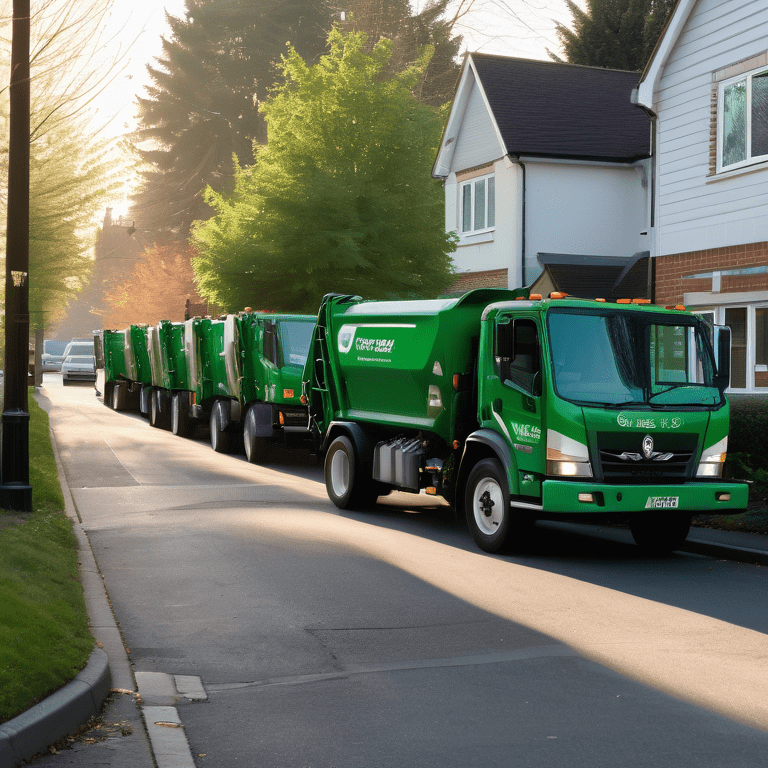 Green garbage trucks and recycling bins line a clean street in Sutton Coldfield under soft morning light.