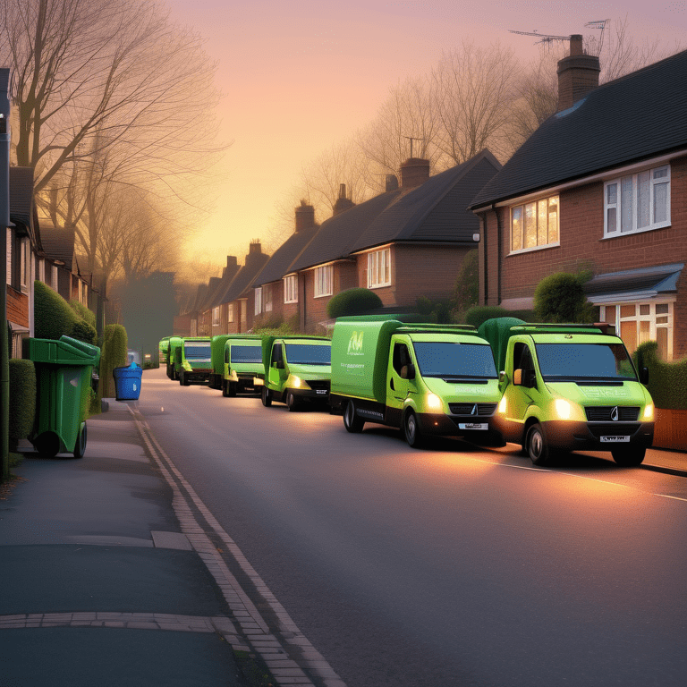 Eco-friendly garbage trucks and workers on a tidy suburban street at dawn, highlighting recycling efforts.