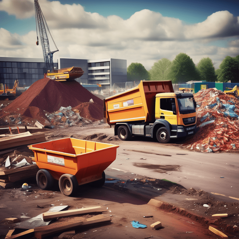 Colorful skip in the foreground of a bustling construction site with workers in Great Barr, Birmingham.