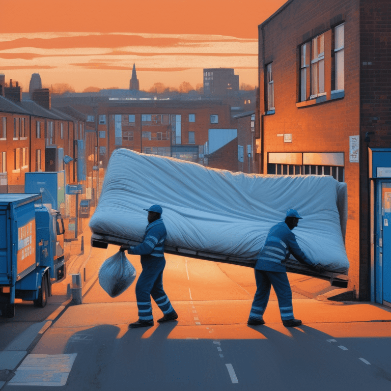 Workers lifting a mattress into a recycling truck at sunset in Coventry.