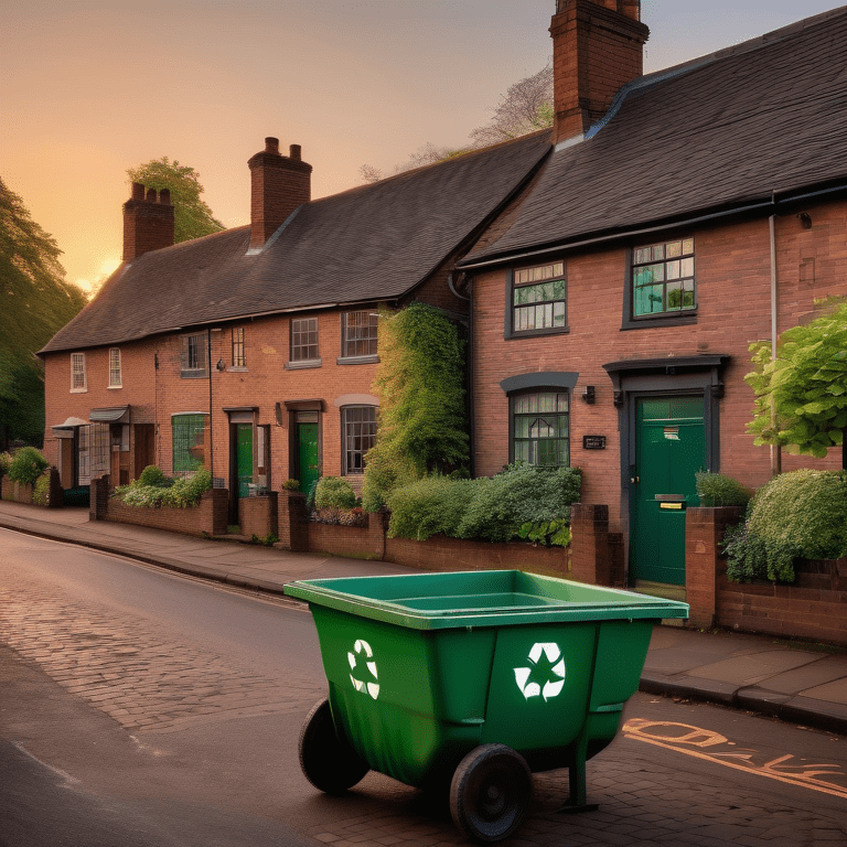 A green skip with recyclables in a charming Bournville village at dusk.