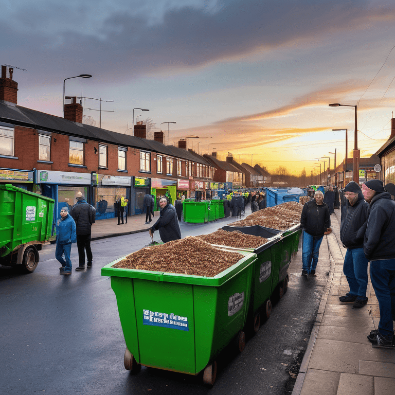 Perry Barr street with individuals strolling by a green "Budget Skips" container, depicting low-cost skip hire services.