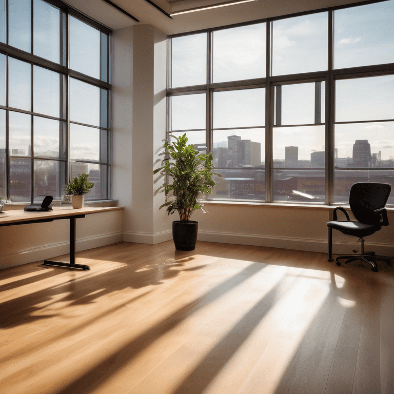 Sunlit empty office space with polished wooden floors and a potted plant in Birmingham, highlighting spaciousness and transition.
