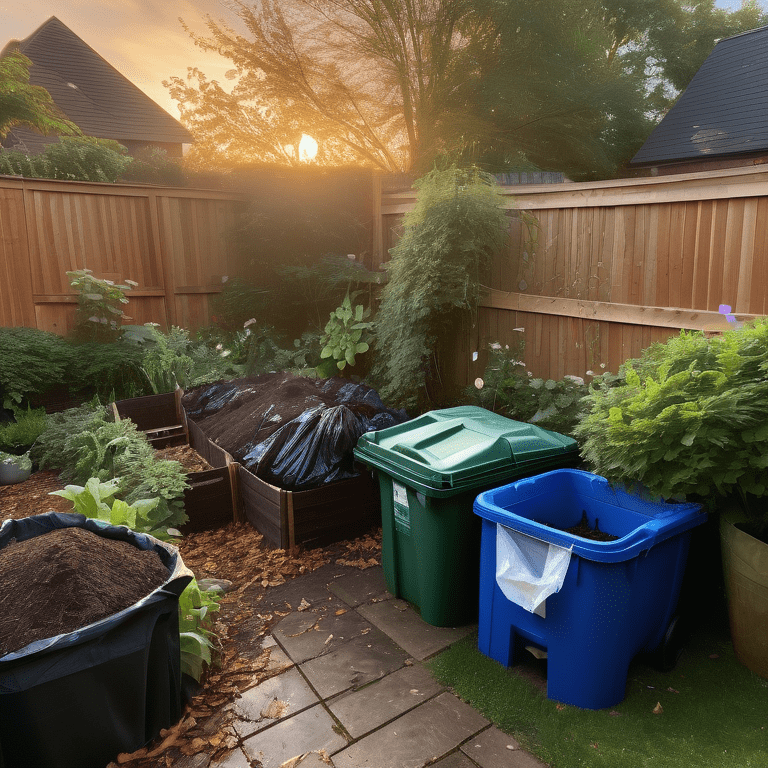 A Birmingham backyard at dawn featuring a compost bin, recyclable bags of garden waste, and tools by a fence, with thriving greenery and a pond.