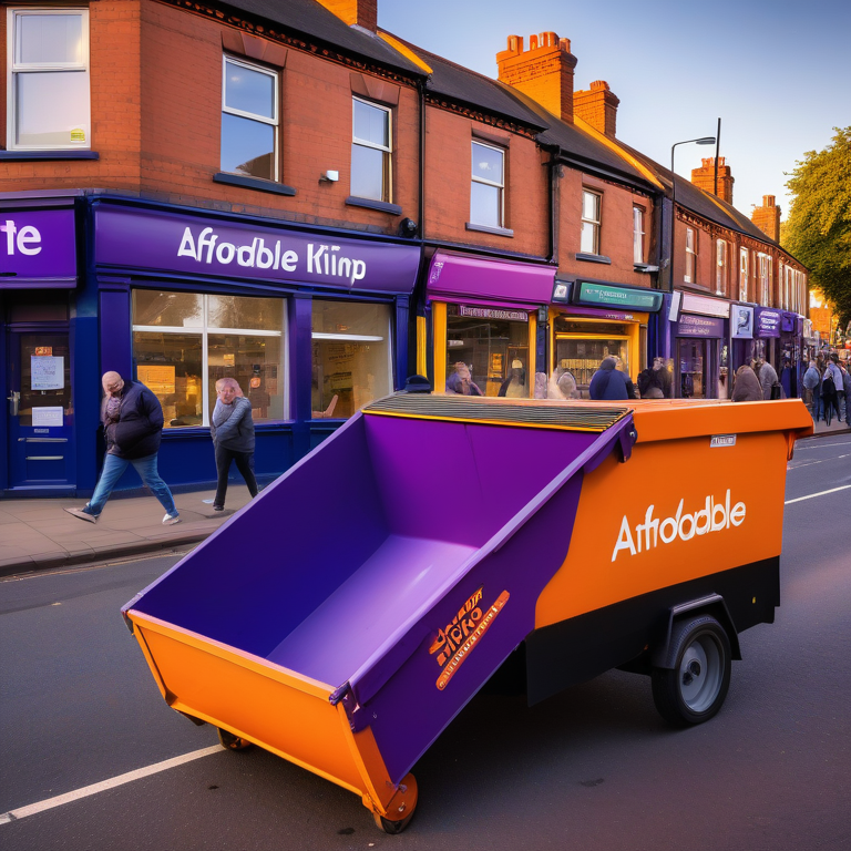 Golden hour on Kings Heath street with a marked skip for hire and an operator amidst bustling pedestrians.