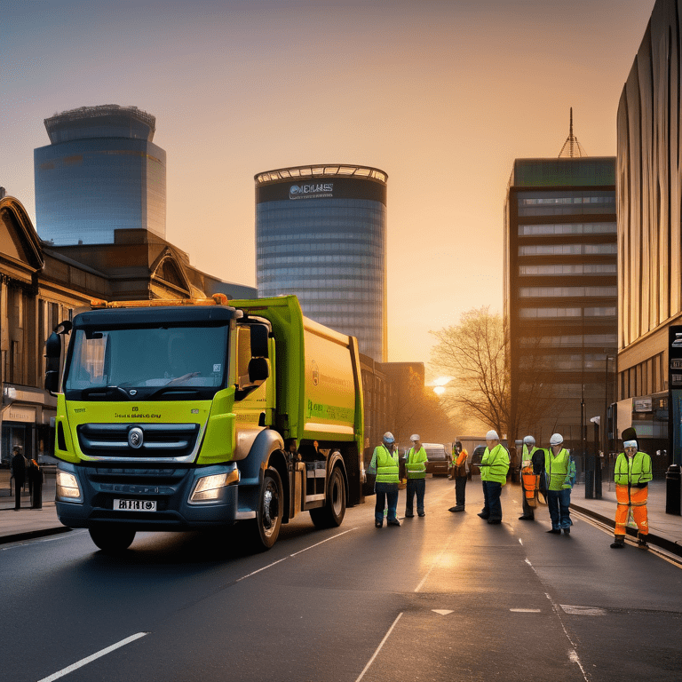 Workers in Birmingham collect bulk waste with an electric truck at sunrise, symbolizing eco-friendly progress.