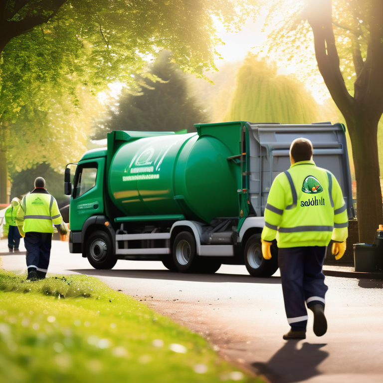Workers in reflective gear clear waste into a marked rubbish collection truck in a sunlit park.