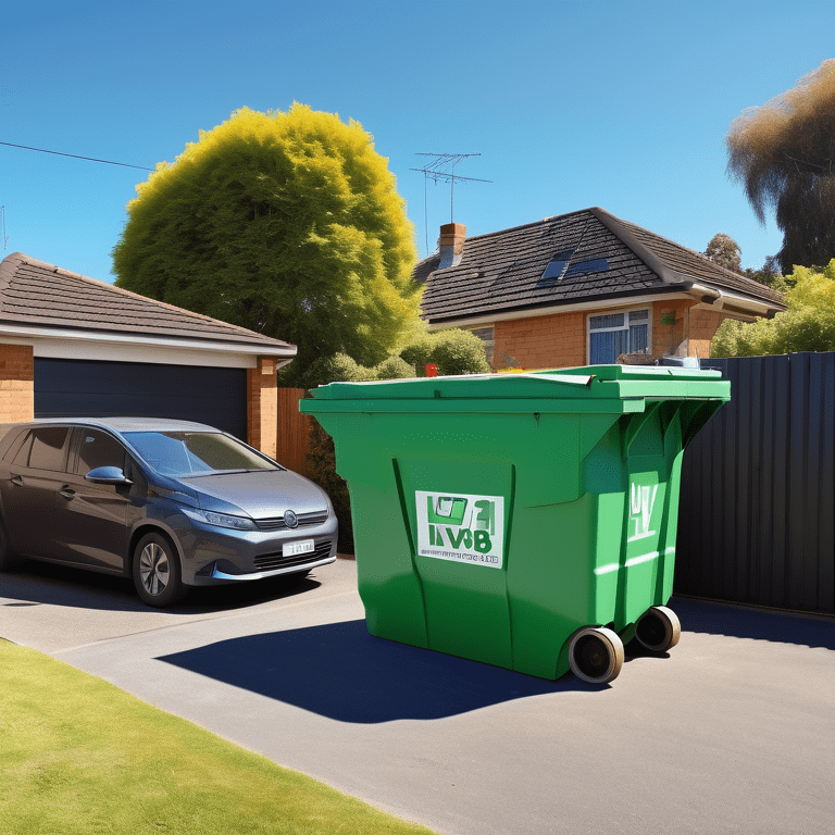 Green skip bin labeled "LV 81 Removals" in driveway with house and garden under a clear sky.