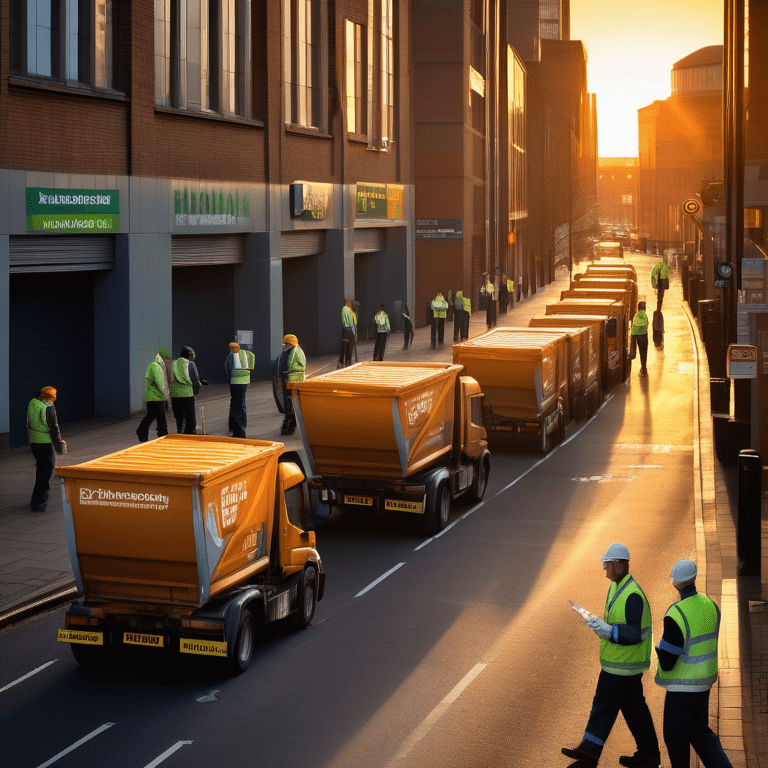 Trade waste trucks and workers on a Birmingham street during sunset.