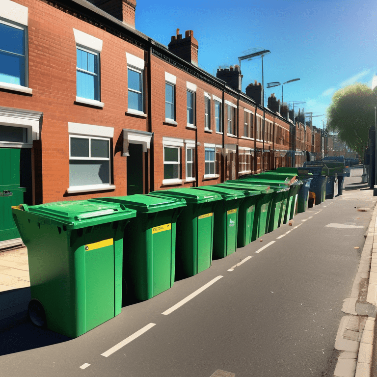 Multiple green skip bins with construction waste on an immaculate street under a clear morning sky.