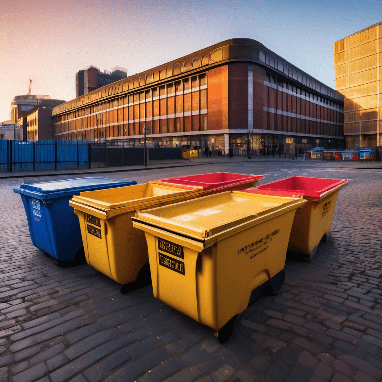 Colorful skips on a cobblestone street in Digbeth at dawn, with Selfridges in the backdrop.